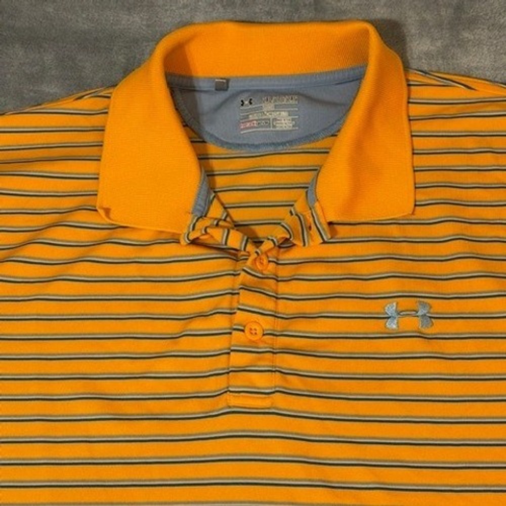 Under Armour Mens HeatGear Striped Polo Shirt Orange Navy Blue 2XL Loose Fit